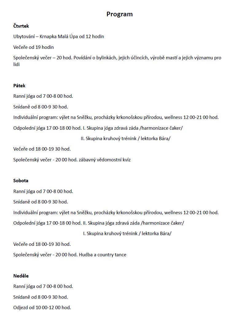 Program pobytu v Krkonoších